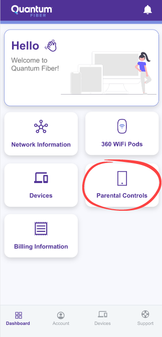 App screenshot showing Parental Controls tile on the dashboard screen