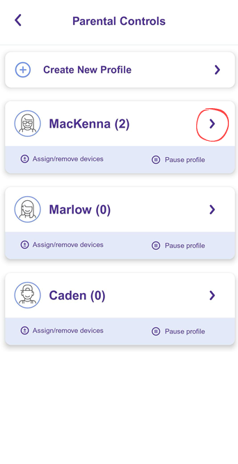 App screenshot of parental controls screen showing list of profiles and edit option