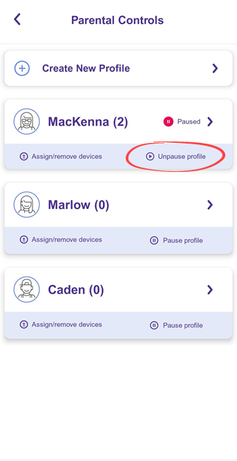 App screenshot of parental controls screen showing unpause profile option