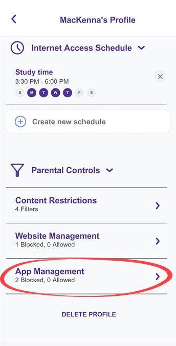 App screenshot of Parental Controls showing App Management option