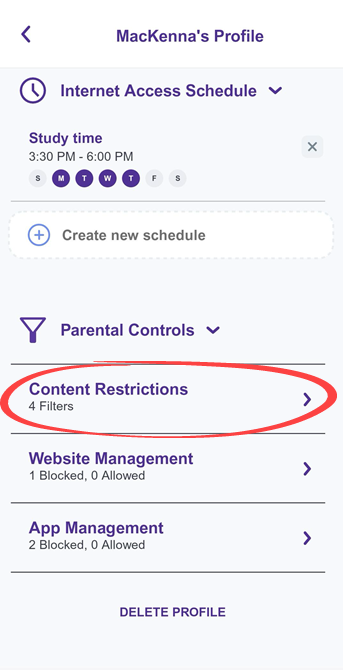 App screenshot of Parental Controls showing Content Restrictions option