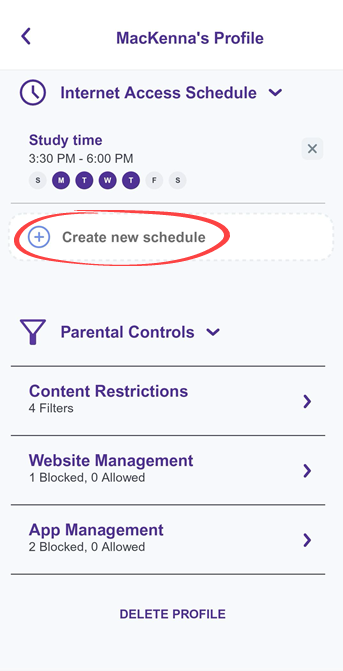 App screenshot showing Create new schedule link on profile details screen