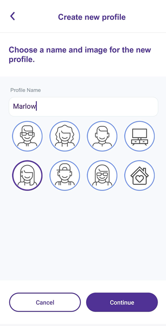 App screenshot showing create new profile step 3, choose name and image