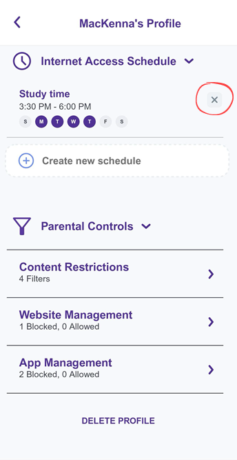 App screenshot of access schedules showing 'X' option to remove a schedule