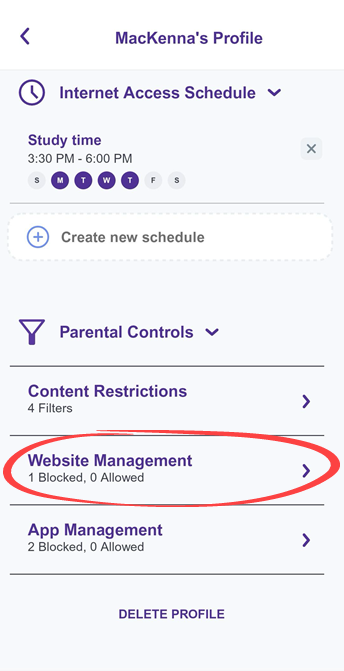 App screenshot of Parental Controls showing Website Management option