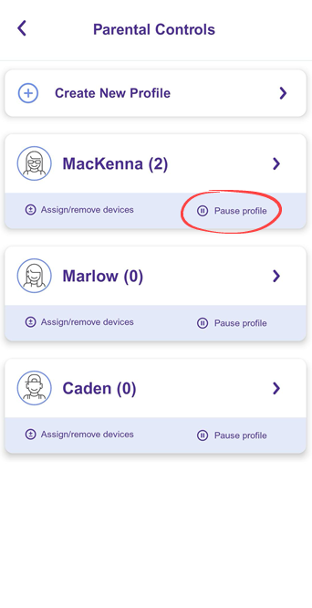 App screenshot of profiles list showing Pause option