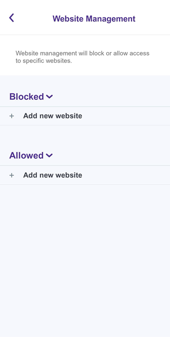 App screenshot of Website Management screen with options to add blocked or allowed sites