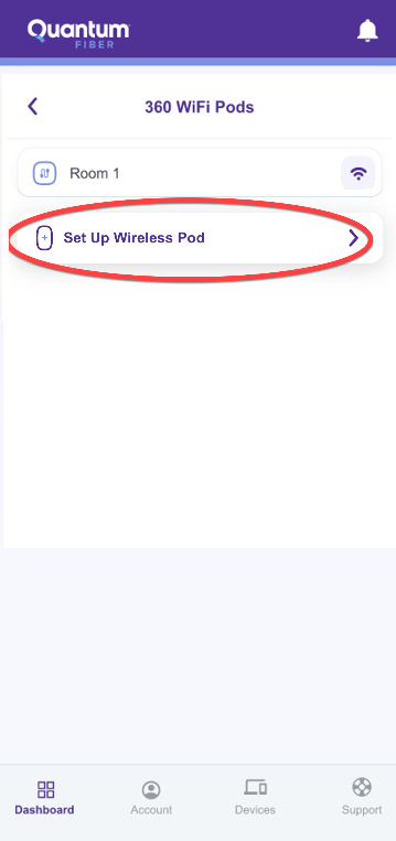 Quantum Fiber app wireless pod setup screen