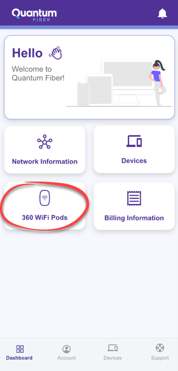 Quantum Fiber app home screen showing 360 WiFi Pods