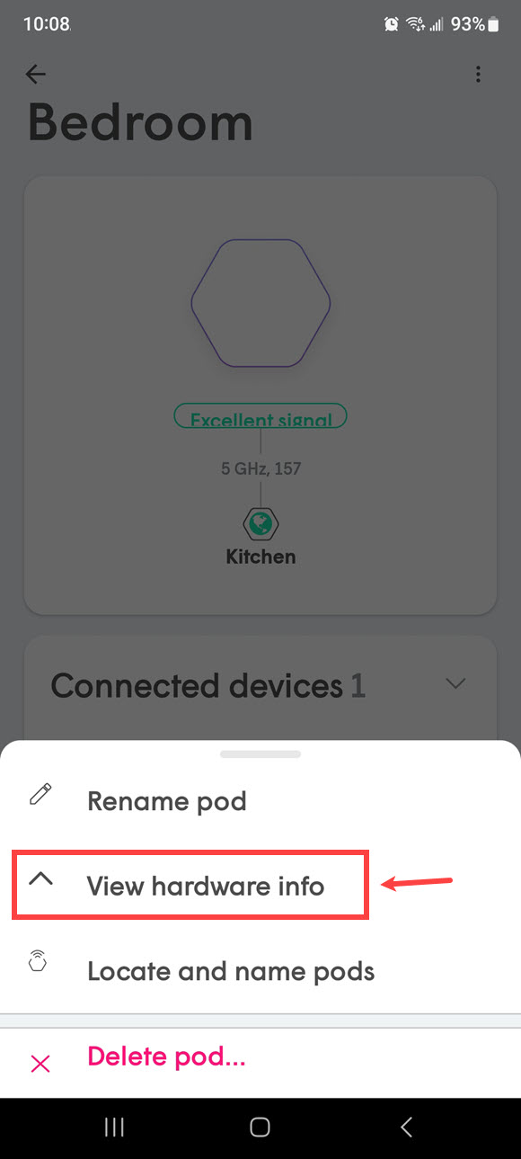 360 WiFi app screenshot, pod menu, view hardware info