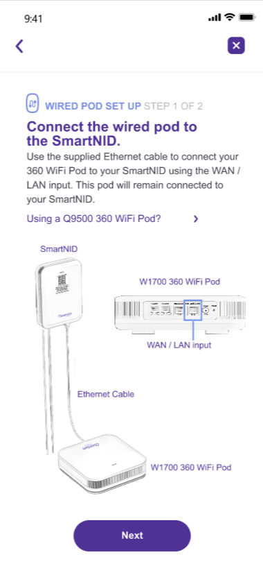 Captura de pantalla de la aplicación que muestra cómo conectar el pod con cable a SmartNID