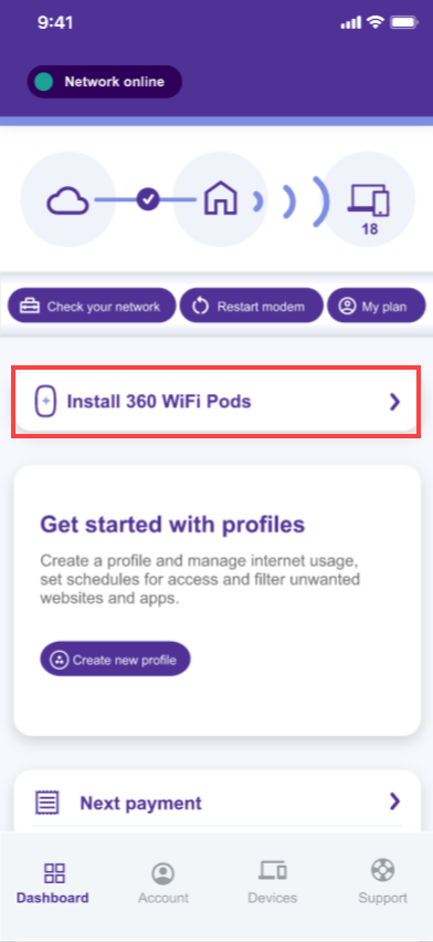 Quantum Fiber app dashboard screen, showing link to install 360 WiFi pods