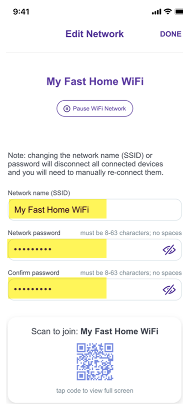 Quantum Fiber app Edit Network screen