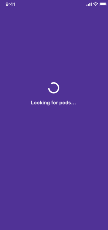 Captura de pantalla de la aplicación que muestra la pantalla de estado buscando los pods