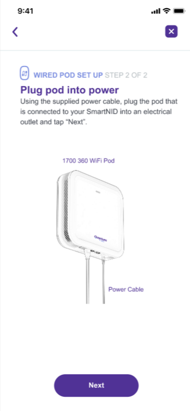 App screenshot showing how to plug the pod into power