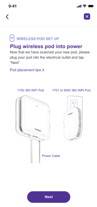 Captura de pantalla de la aplicación que muestra cómo enchufar un pod inalámbrico a la corriente