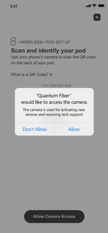 App screenshot showing option to allow access to the camera for scanning