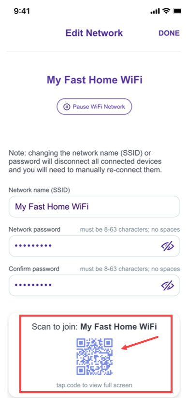 Quantum Fiber app Edit Network screen showing scan QR code to join