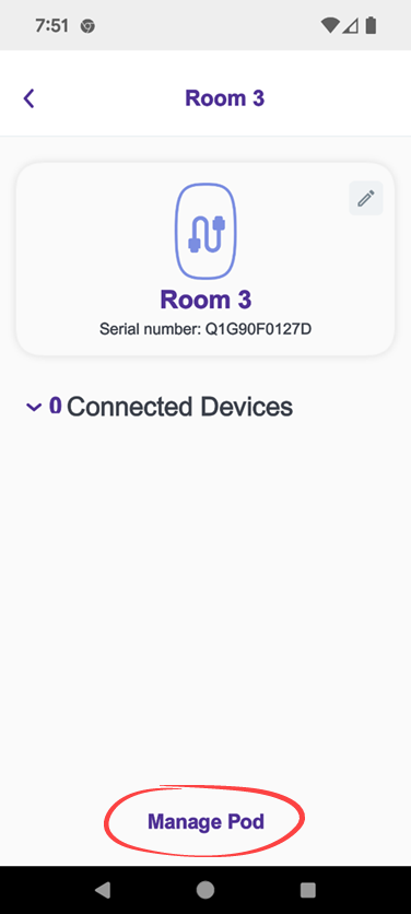 Screenshot of pod screen showing manage pod link