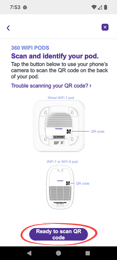 Scan your pod screenshot showing "Ready to scan QR code" button