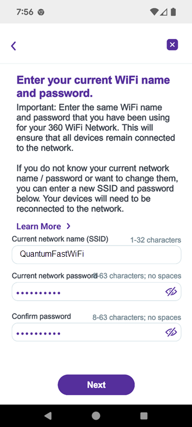 App screenshot of enter WiFi name and password screen