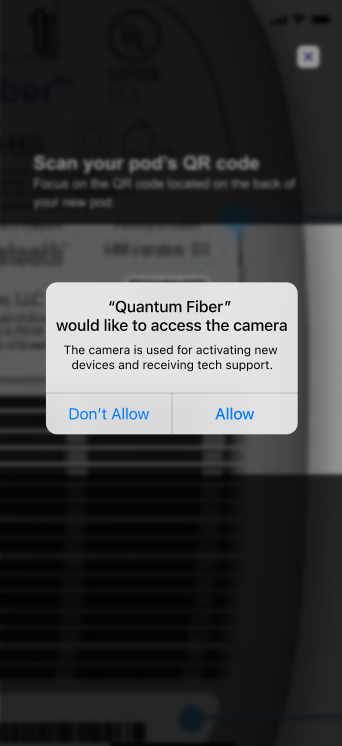 App screenshot of "Allow camera access" screen to scan pod code