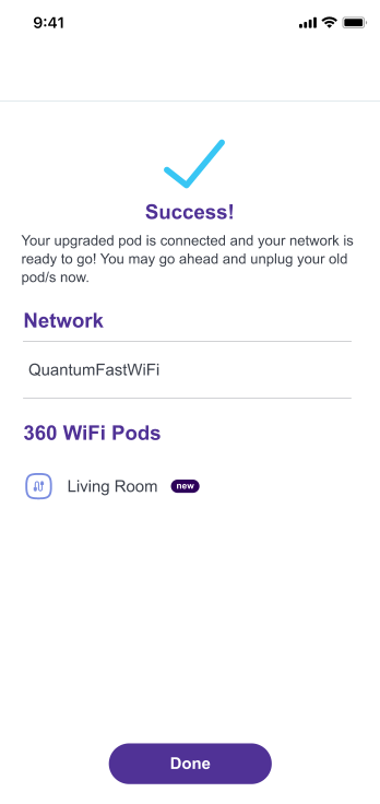 App screenshot showing success screen, wired pod added