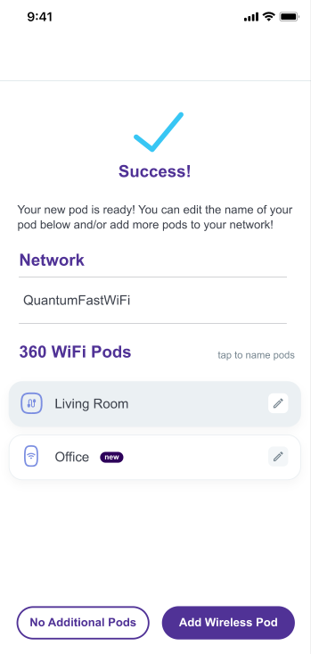 App screenshot showing success screen, wireless pod added