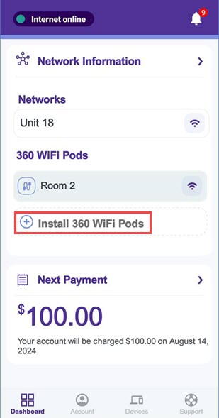 Quantum Fiber app home screen showing option to install 360 WiFi pods