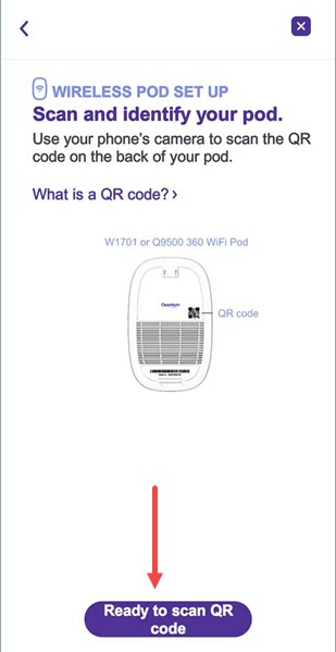 Quantum Fiber app wireless pod setup screen showing button to scan QR code