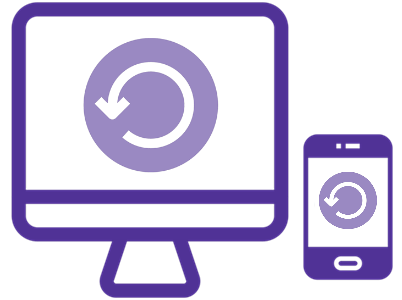 Illustration of desktop computer and mobile phone, with restart symbol