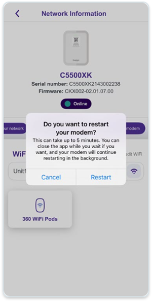 App screenshot showing modem restart confirmation pop-up