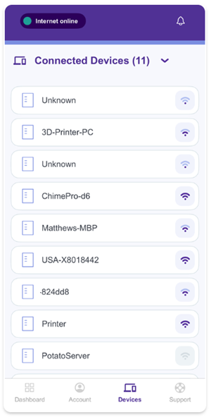 App screenshot showing list of connected devices and signal strength for each