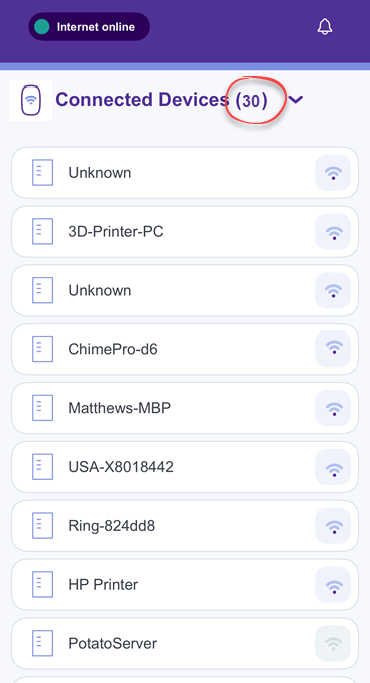 Devices list from app showing 30 connected devices