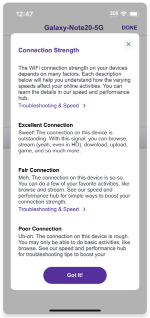 App screenshot showing connection strength descriptions