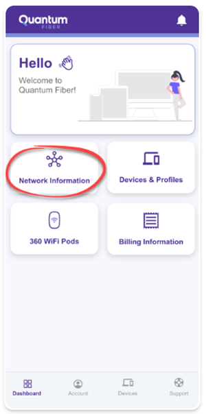 App screenshot of dashboard screen showing Network Information tile