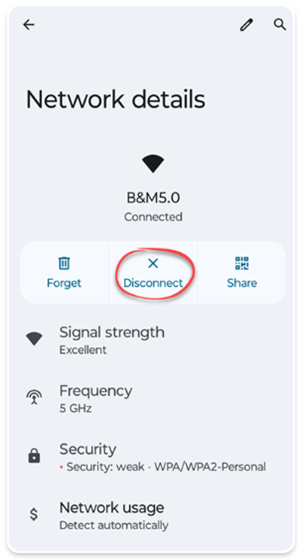 Example network details screenshot from a mobile device showing button to disconnect WiFi network