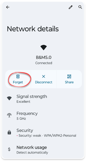 Example network details screenshot from a mobile device showing Forget button