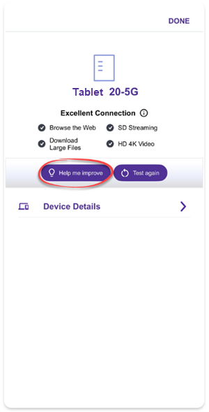 App screenshot showing device details with Help Me Improve button
