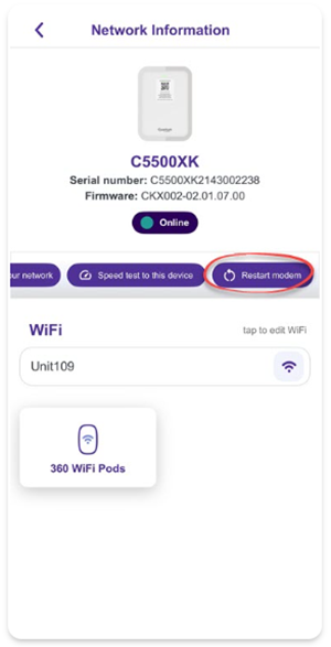 App screenshot of Network Information showing Restart modem button