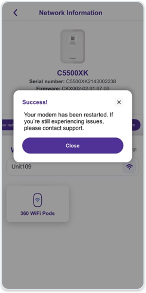 App screenshot of restart modem success pop-up