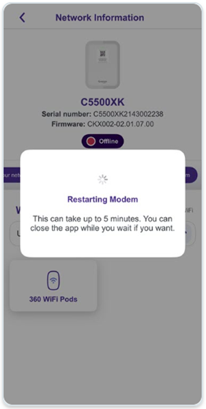 App screenshot of modem restart progress pop-up