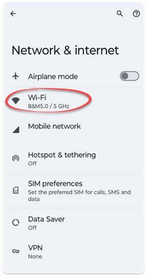 Example Network and Internet settings screen from mobile device