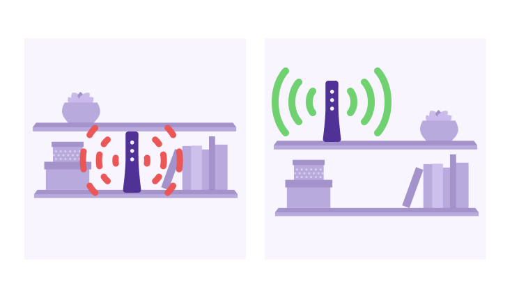 Illustration of modem on a crowded bookshelf with poor signal